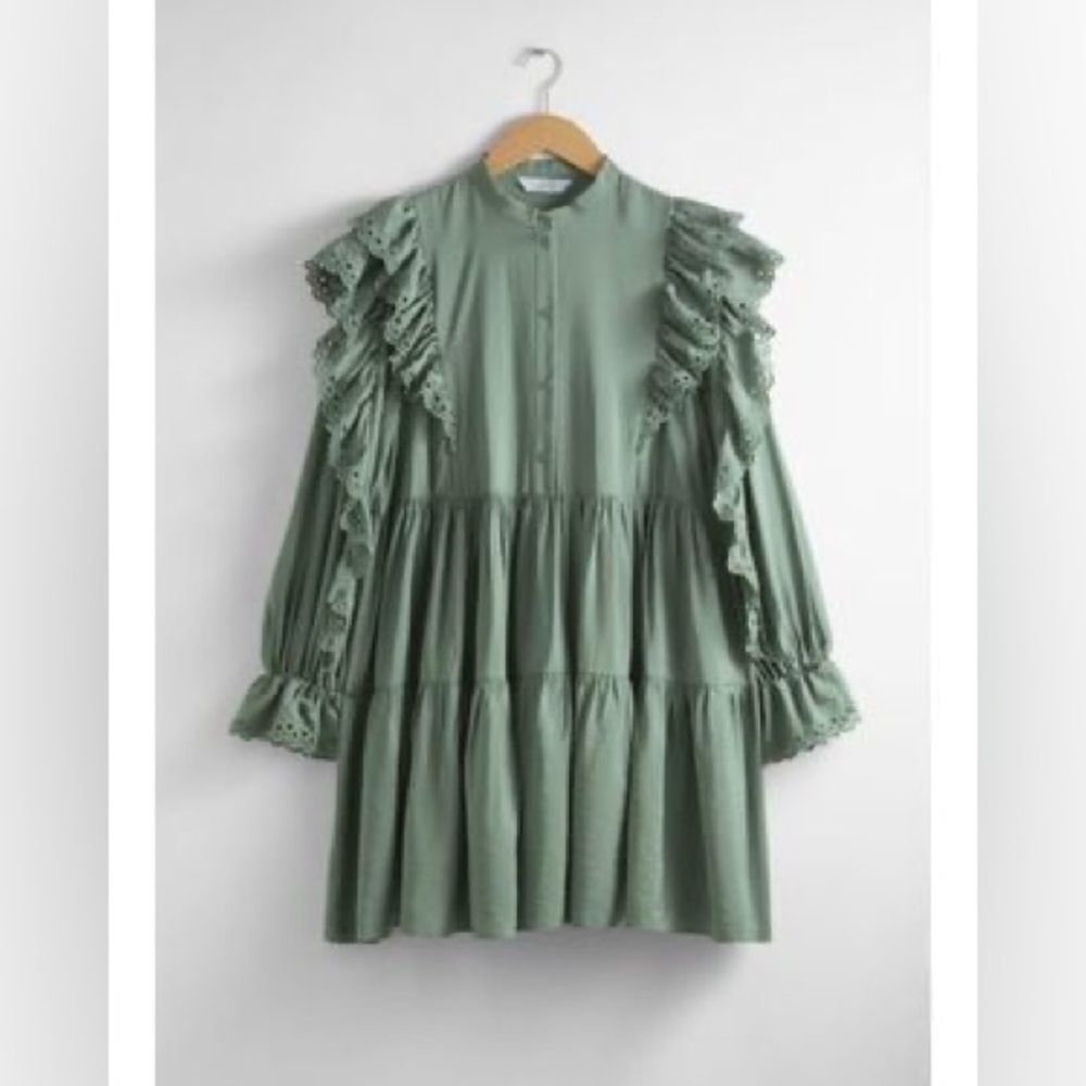 NEW &Other Stories Ruffle Long Sleeve Mini Dress coastal boho Cottagecore prarie